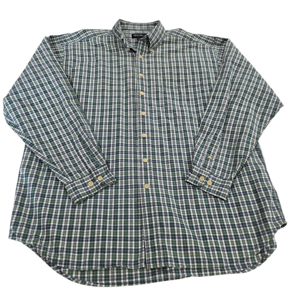 Eddie Bauer Button Up Shirt Mens Green XL Plaid Cotton Woven Classic Button Down